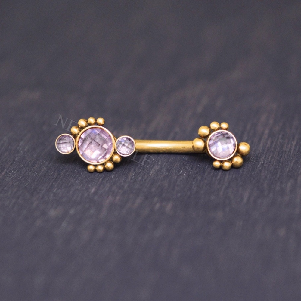 Elegant Gold and Dark Blue Gemstone Barbell Earring